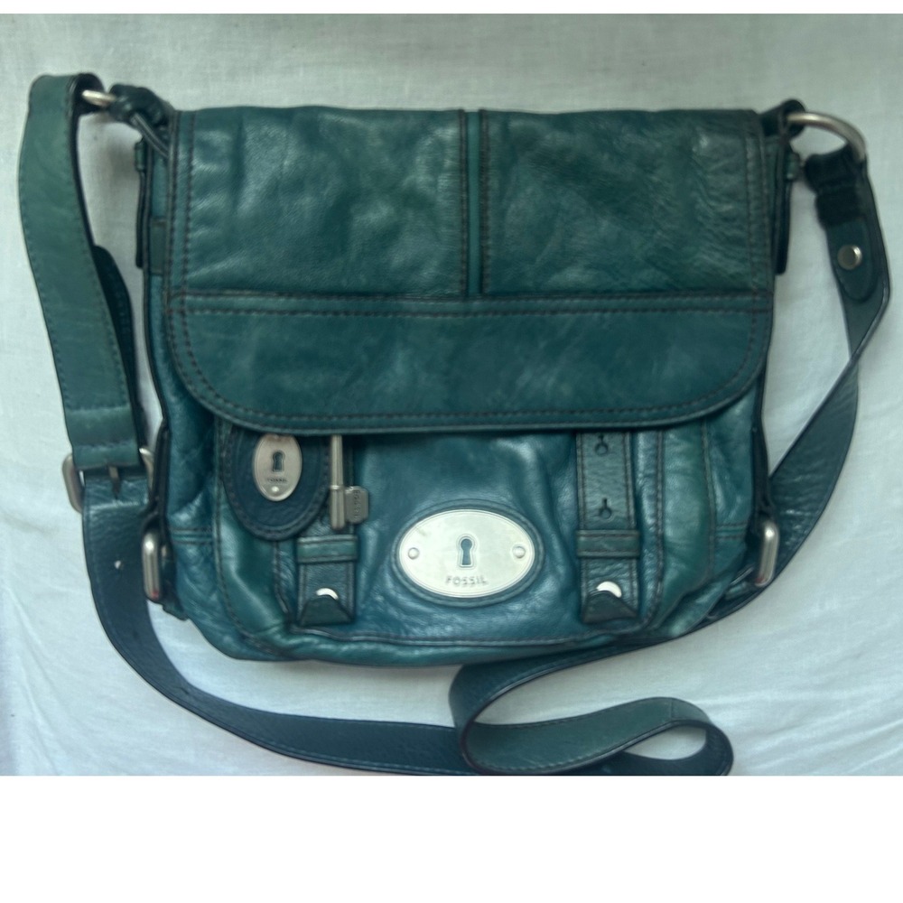 Fossil Long‎ Live Vintage Teal Leather Crossbody Messenger Silver Key Charm#537